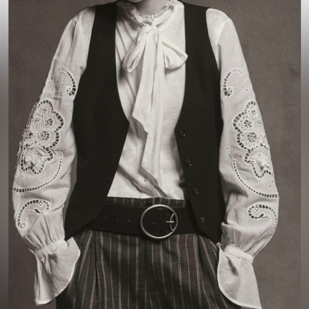 ANTHROPOLOGIE Lea & Viola Size 3X White Poet Blouse Tunic PussyBow Stretch $120 - Picture 1 of 16